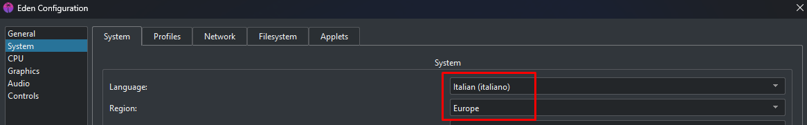 Configurazione lingua Eden