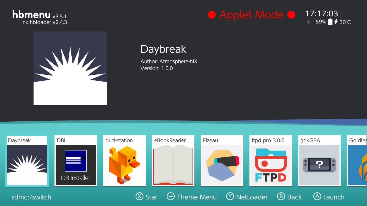 Daybreak evidenziato nel Homebrew Menu