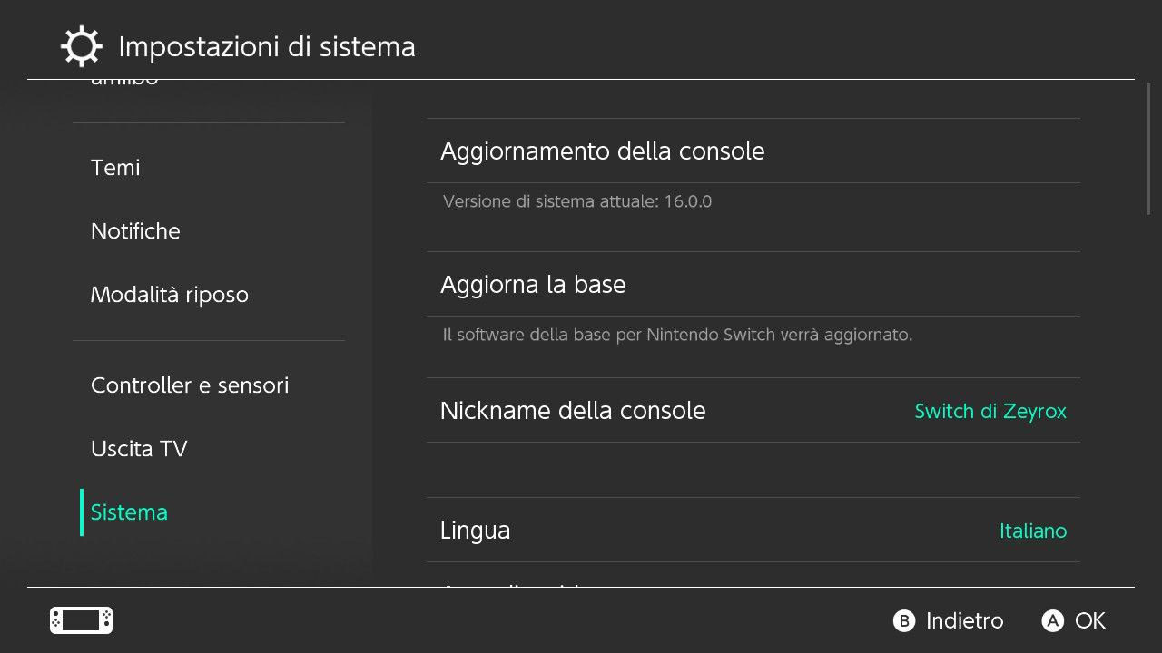 Menu Sistema - Aggiornamento della console