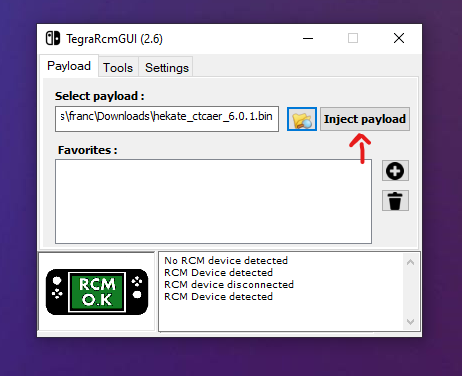 Pulsante Inject Payload evidenziato